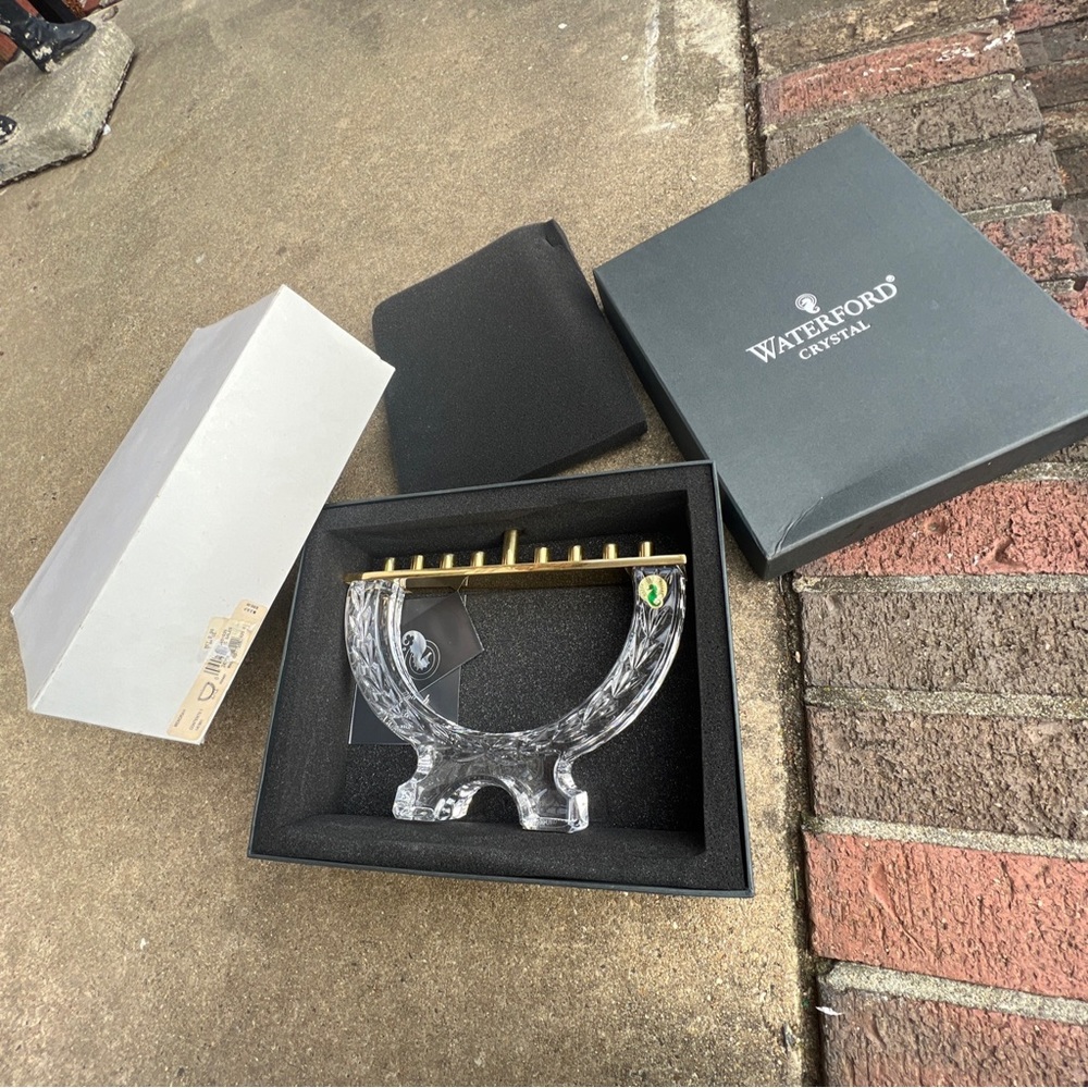 Waterford MENORAH Laurel Leaf Crystal & Polished Brass Hanukkah Judaica New Box